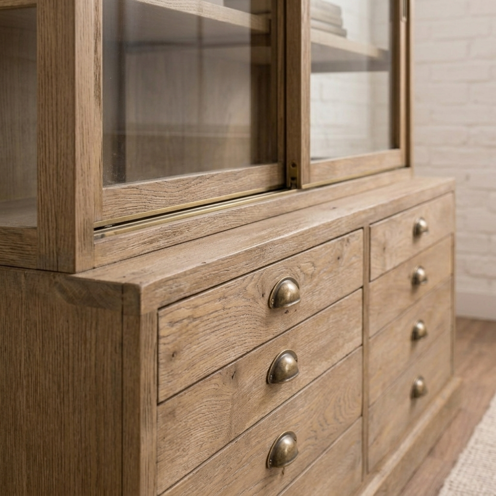 The Mara Molly Cabinet is a handcrafted solide timber display cabinet with glass sliding doors and drawers. Minor on-site assembly required.