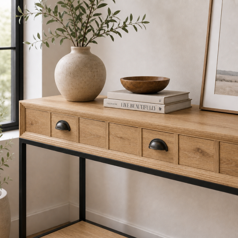 The Marula Console is a reclaimed timber console on powder-coated metal legs — versatile as a hallway table or media unit. Custom made to order.