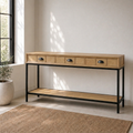 The Marula Console is a reclaimed timber console on powder-coated metal legs — versatile as a hallway table or media unit. Custom made to order.