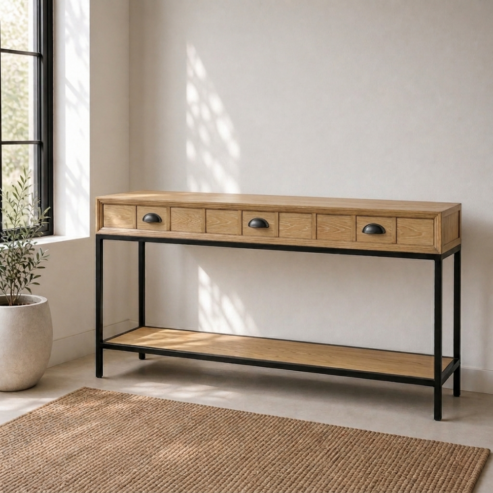 The Marula Console is a reclaimed timber console on powder-coated metal legs — versatile as a hallway table or media unit. Custom made to order.