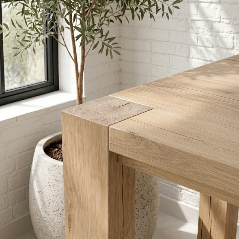 The Masai Oak Bench is handcrafted from solid oak with architectural cant-style legs. Pairs with the Masai Table or stands alone. Made to order in SA.