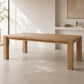 The Masai Oak Table is handcrafted from solid sustainably sourced oak with architectural cant-style legs and natural timber character. Made to order in SA.