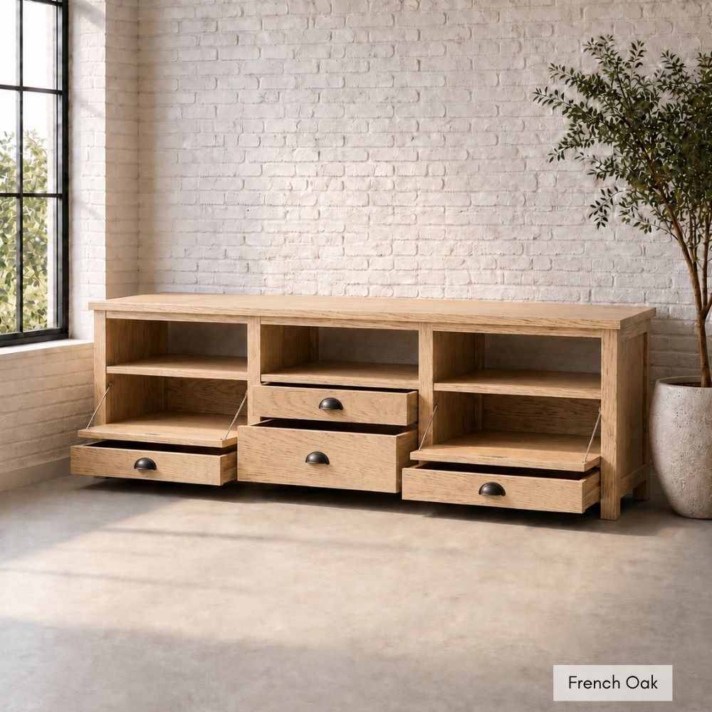 The Moeti Media Unit is a reclaimed Fir media cabinet with hinged cubicles for electronics and easy cable access. Versatile and characterful.