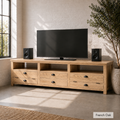 The Moeti Media Unit is a reclaimed Fir media cabinet with hinged cubicles for electronics and easy cable access. Versatile and characterful.