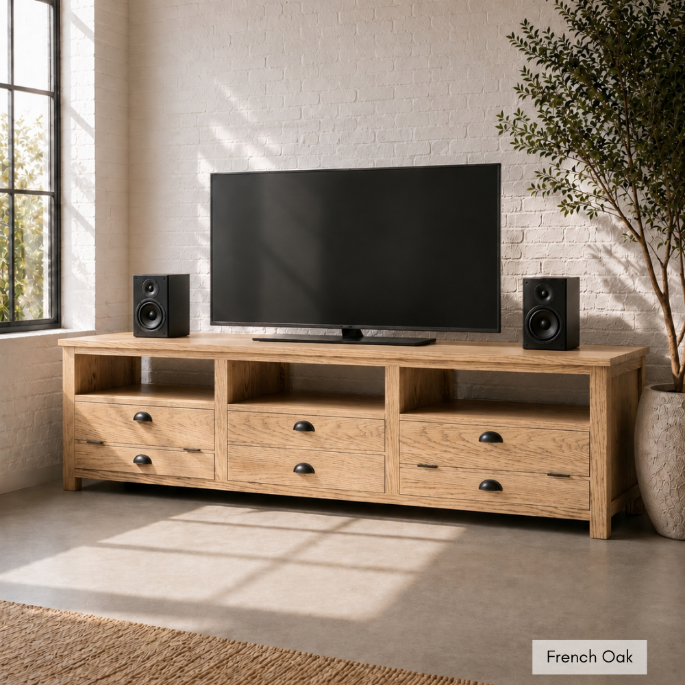 The Moeti Media Unit is a reclaimed Fir media cabinet with hinged cubicles for electronics and easy cable access. Versatile and characterful.