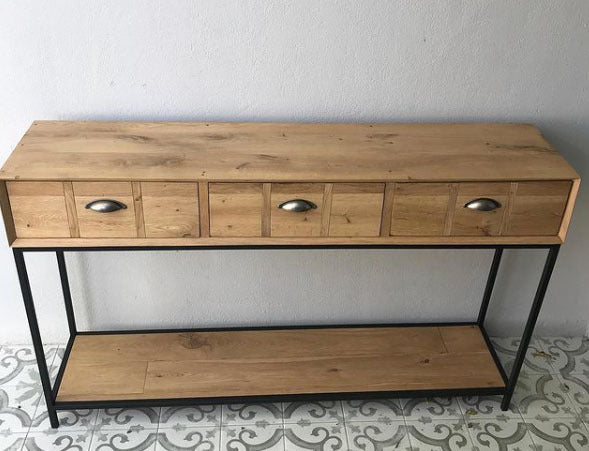 Custom made oak console with draws and black metal legs.