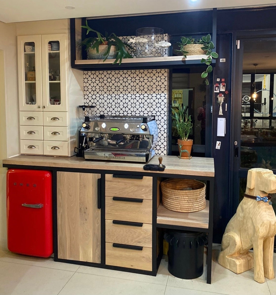Custom made oak kitchen cabinet with shelves and multiple draw space. 