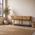 The Oakdale Console is built from reclaimed Oak with four deep drawers and an urban, characterful finish. A strong storage piece for any room.