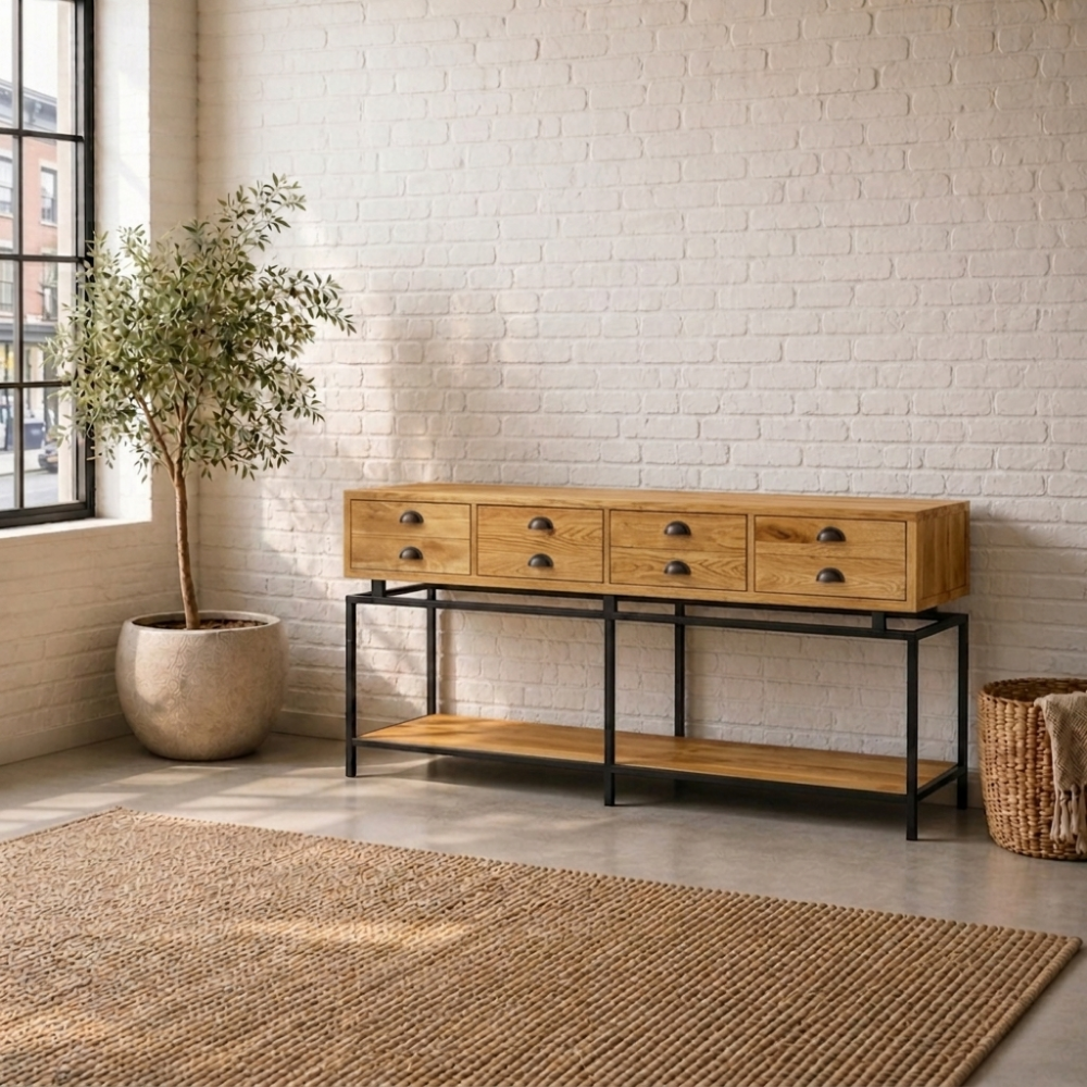 The Oakdale Console is built from reclaimed Oak with four deep drawers and an urban, characterful finish. A strong storage piece for any room.