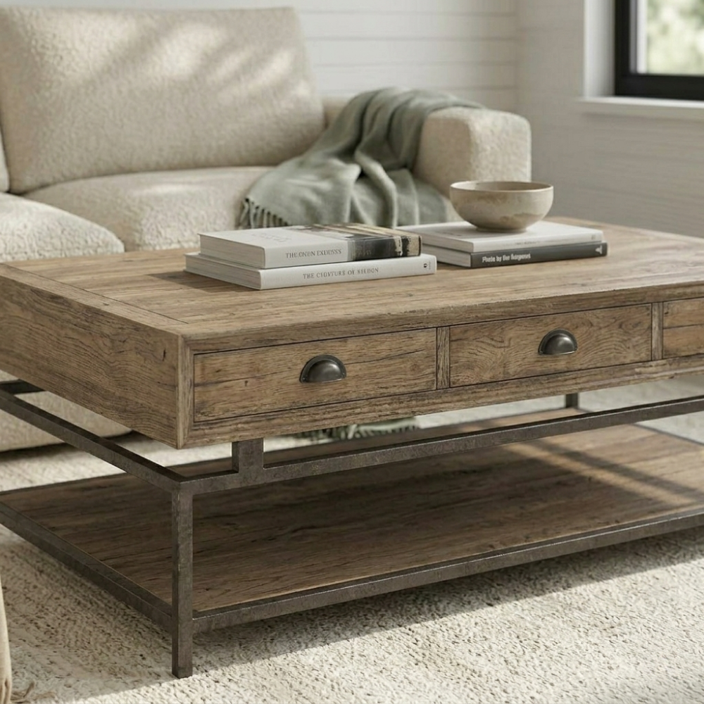 The Pelu Coffee Table features a reclaimed timber top and six storage drawers — three on each side. Urban-industrial finish. Custom made to order in SA.