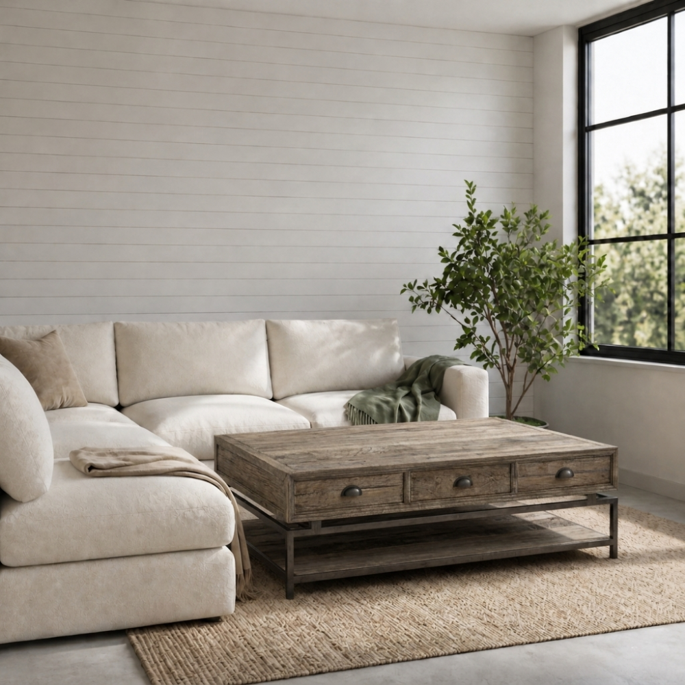 The Pelu Coffee Table features a reclaimed timber top and six storage drawers — three on each side. Urban-industrial finish. Custom made to order in SA.