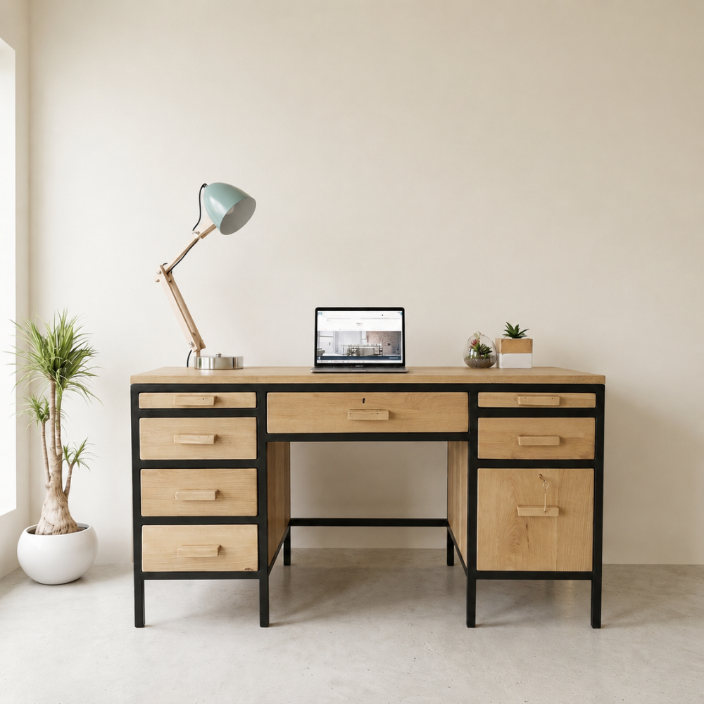The Ruby Retro Desk is a 1970s-inspired solid timber desk with pull-out side rests, retro handles, and two lockable drawers. Custom made to order.