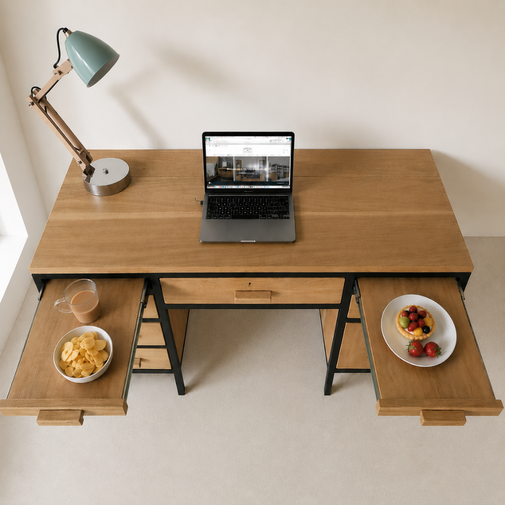 The Ruby Retro Desk is a 1970s-inspired solid timber desk with pull-out side rests, retro handles, and two lockable drawers. Custom made to order.