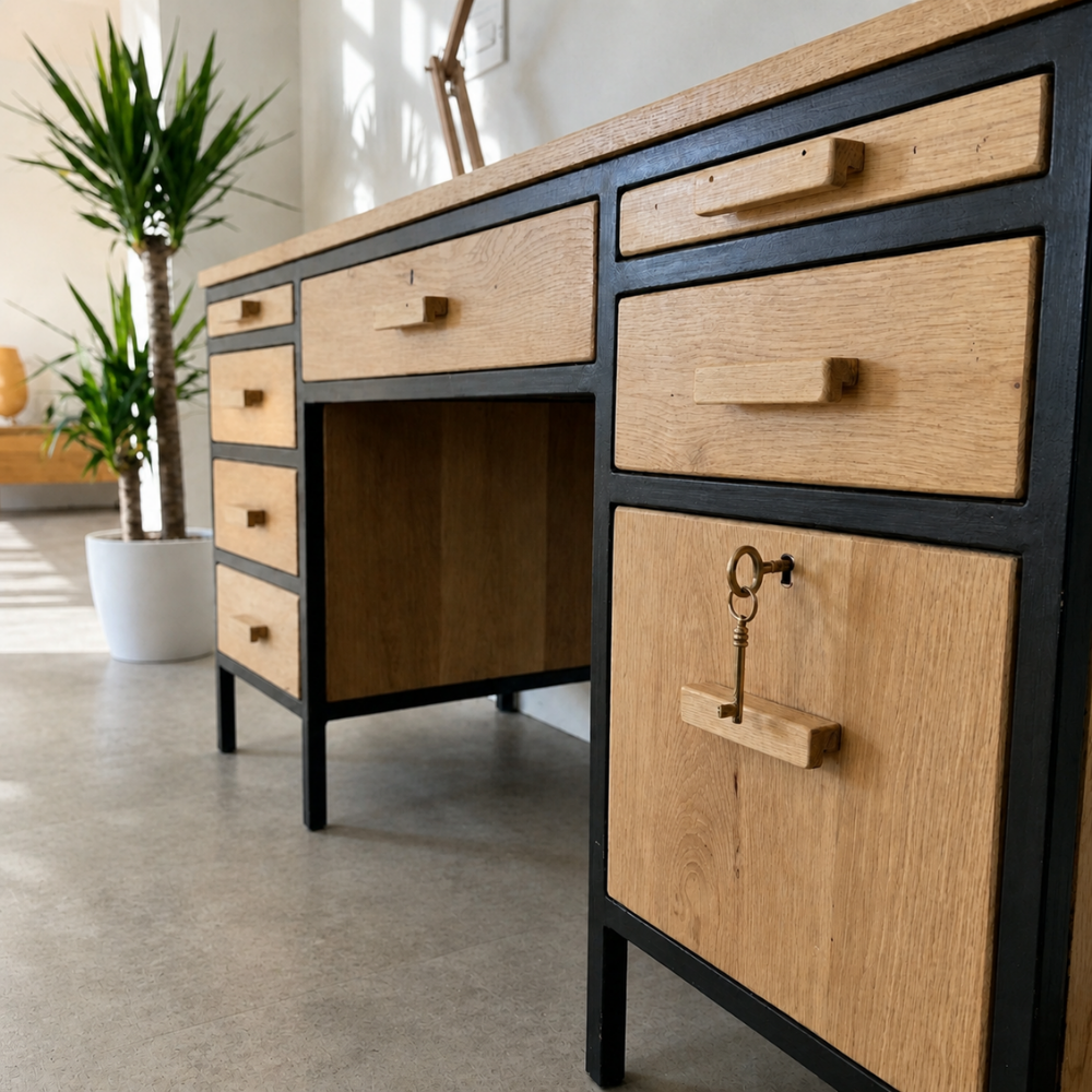 The Ruby Retro Desk is a 1970s-inspired solid timber desk with pull-out side rests, retro handles, and two lockable drawers. Custom made to order.