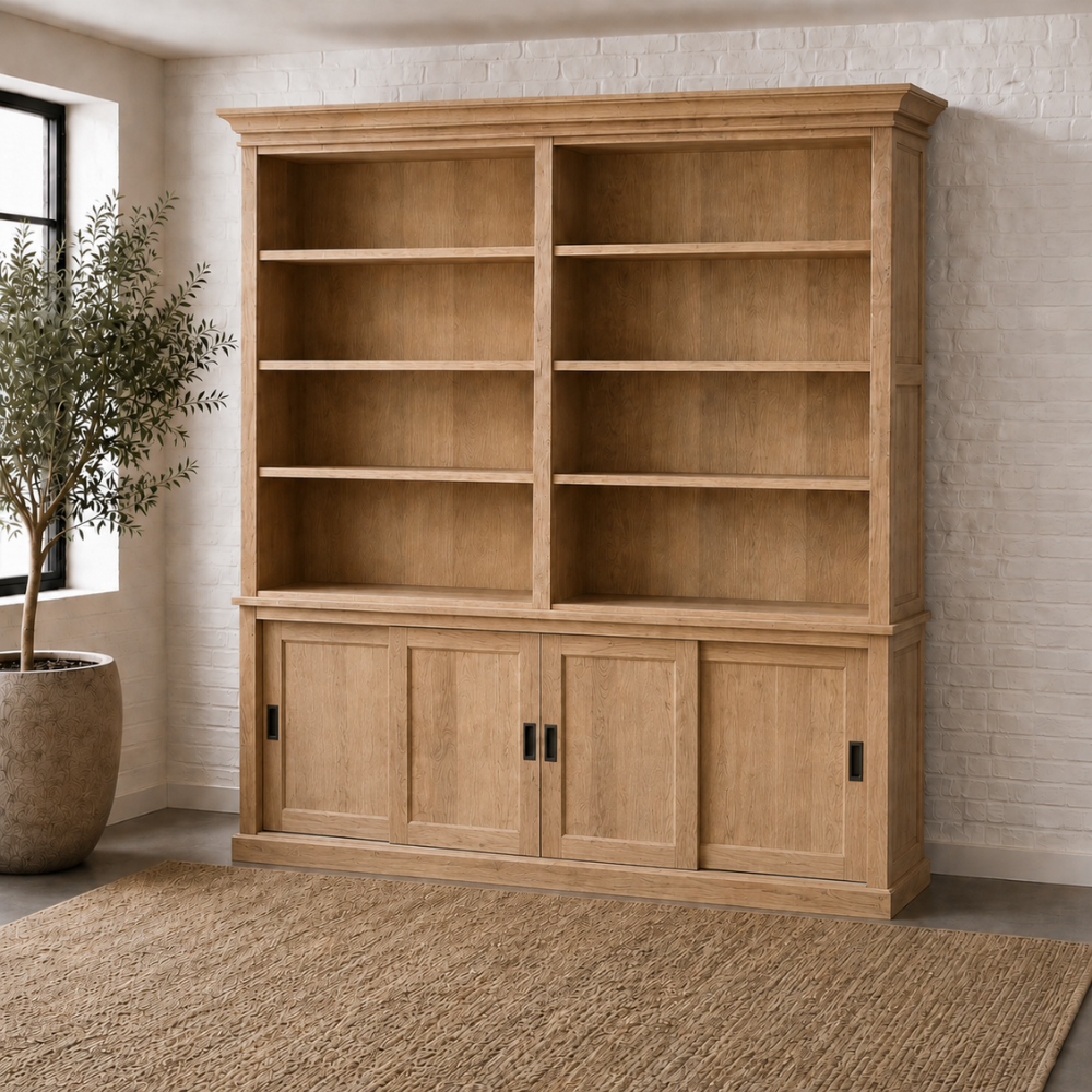 The Satara Bookcase is a full-height handcrafted reclaimed timber library bookcase with a lime-washed finish. Optional ladder. Made to order in SA.