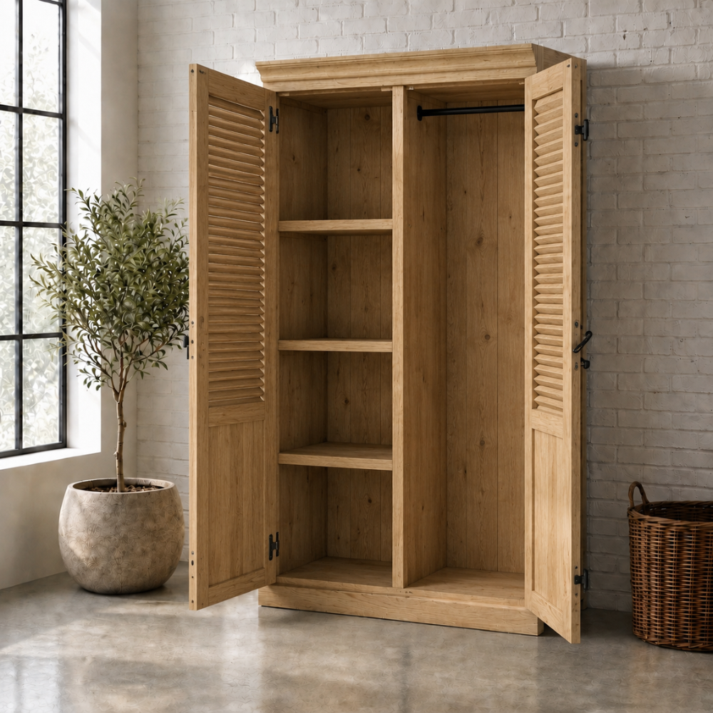 The Savimbi Shuttered Wardrobe is handcrafted from reclaimed Oregon with individually made shutter doors, adjustable shelves, and a hanging rail.