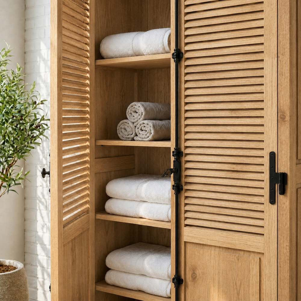 The Savimbi Shuttered Wardrobe is handcrafted from reclaimed Oregon with individually made shutter doors, adjustable shelves, and a hanging rail.