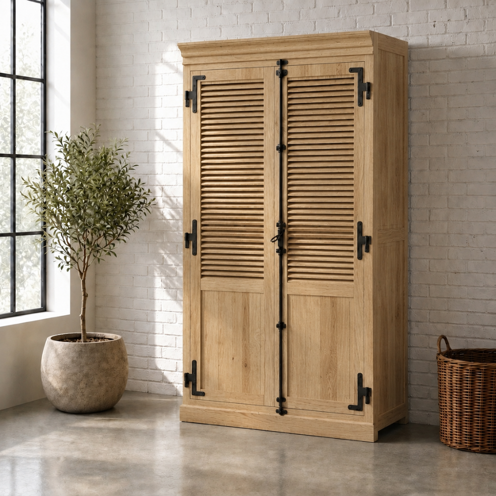 The Savimbi Shuttered Wardrobe is handcrafted from reclaimed Oregon with individually made shutter doors, adjustable shelves, and a hanging rail.