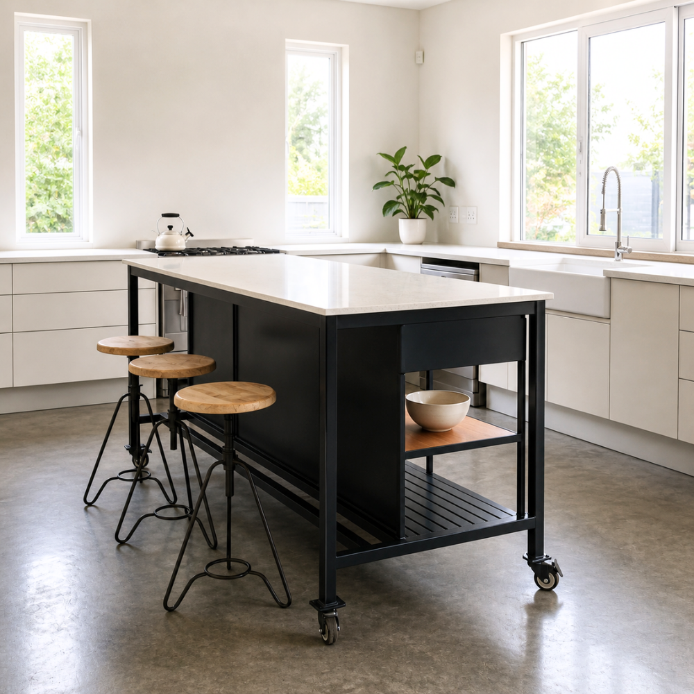 The Serengeti Steel Island features a dark powder-coated frame, solid Oak shelving, stone quartz top, and industrial castors. Designed and made in SA.