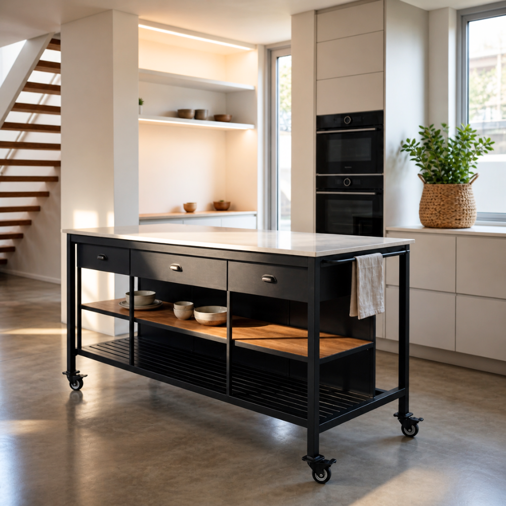 The Serengeti Steel Island features a dark powder-coated frame, solid Oak shelving, stone quartz top, and industrial castors. Designed and made in SA.