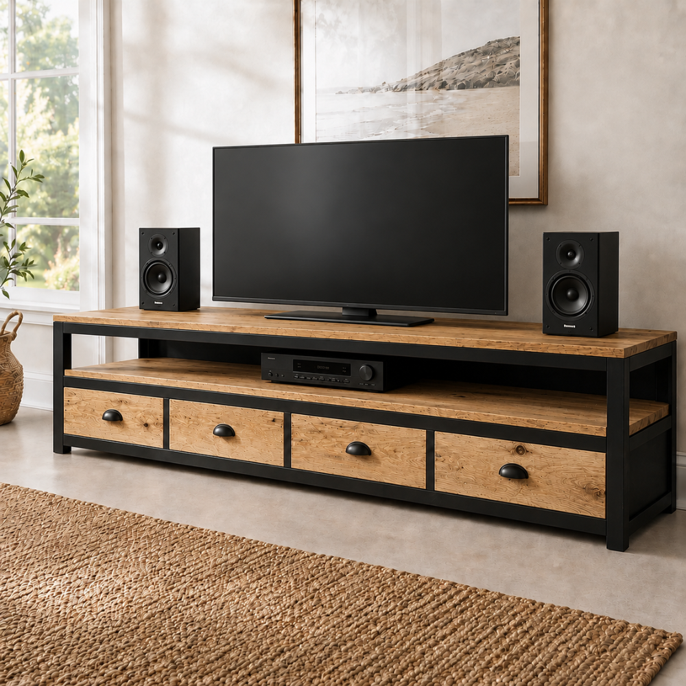 The Shaka Media Unit is shown here in reclaimed Oregon and tubular metal with four deep drawers and cable-through access. Custom made to order in SA.