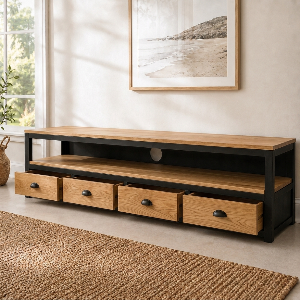 The Shaka Media Unit is shown here in reclaimed Oregon and tubular metal with four deep drawers and cable-through access. Custom made to order in SA.