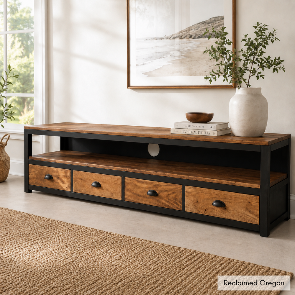 The Shaka Media Unit is shown here in reclaimed Oregon and tubular metal with four deep drawers and cable-through access. Custom made to order in SA.