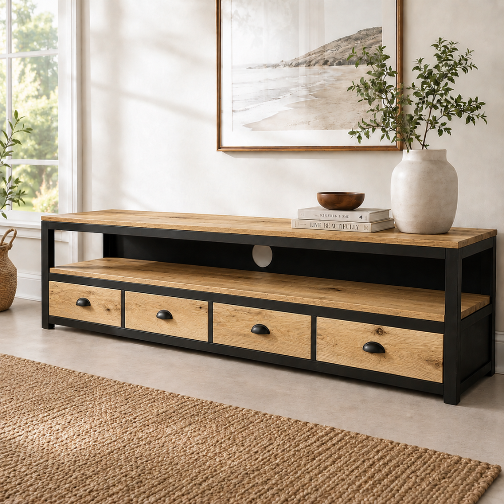 The Shaka Media Unit is shown here in reclaimed Oregon and tubular metal with four deep drawers and cable-through access. Custom made to order in SA.