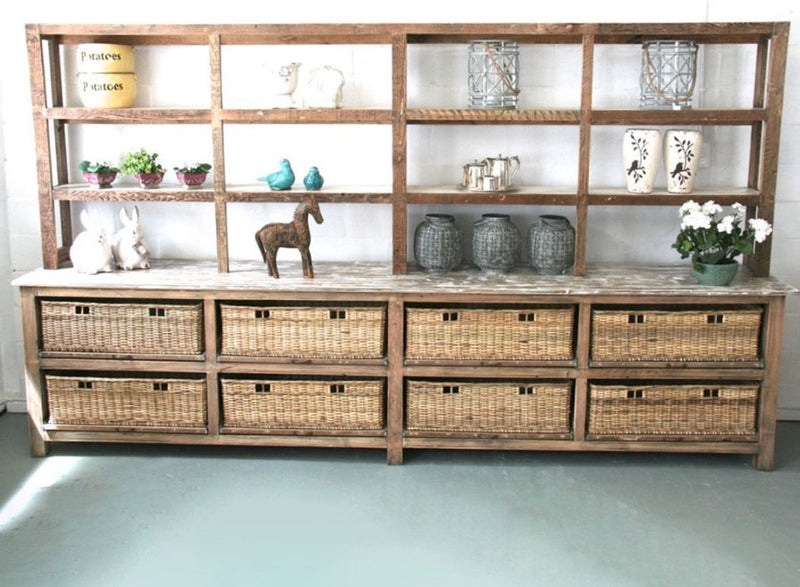 Large Custom made wooden shelf with wicker draws and storage space.