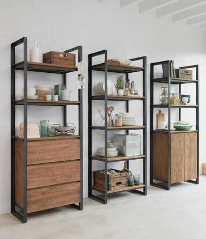 Custom Made wooden bookshelves with black metal frame and multi-shelf storage space.