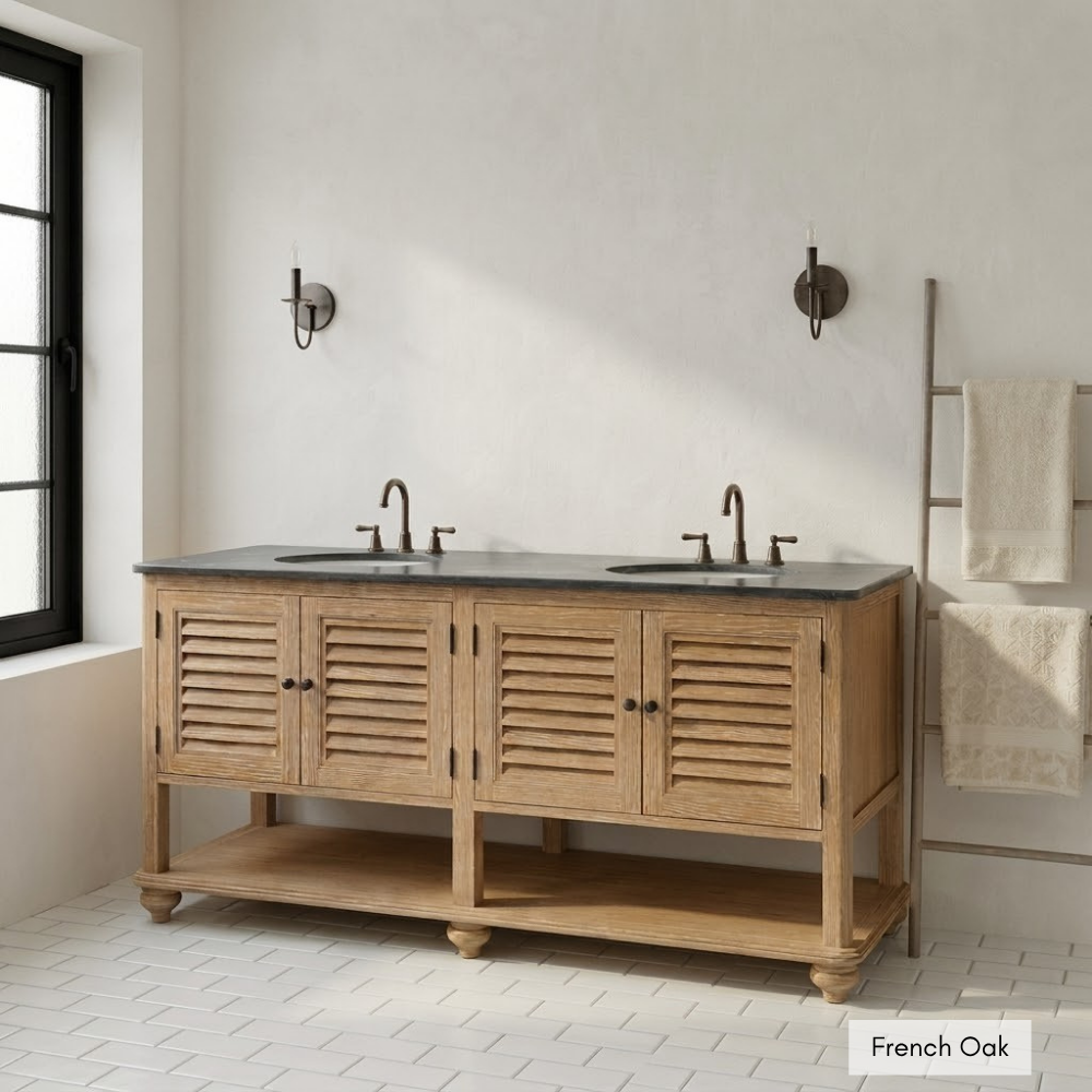 The Siya-Hlamba Double Basin Vanity Unit is custom made from reclaimed Oregon. Stone tops and basins quoted separately. Made to order in SA.