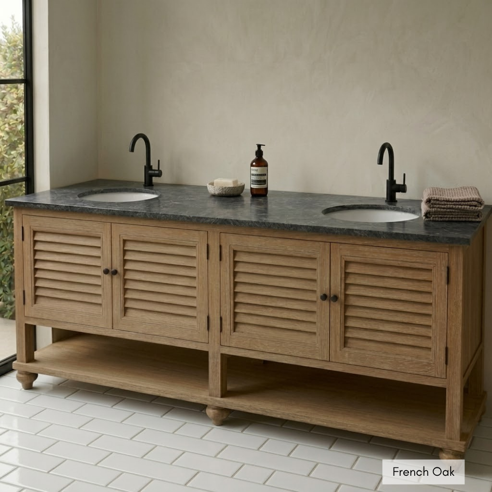 The Siya-Hlamba Double Basin Vanity Unit is custom made from reclaimed Oregon. Stone tops and basins quoted separately. Made to order in SA.