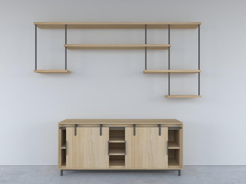 Custom made floating wooden shelves with black metal rods and wooden tv unit. 