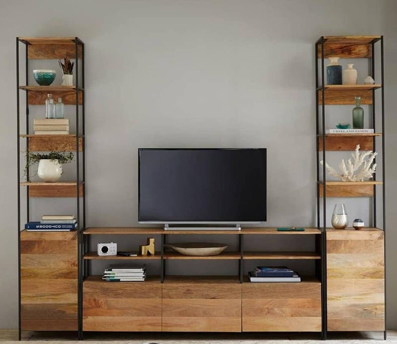 Custom made wooden tv unit with centre storage space and side standing shelves.