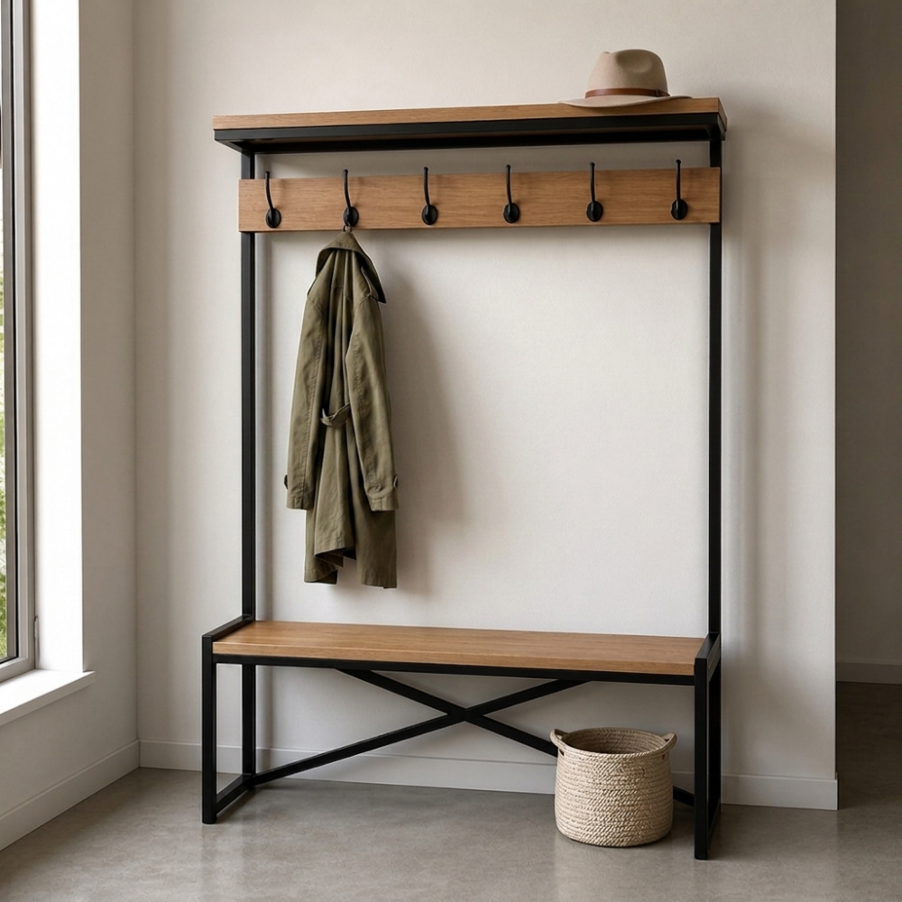 The Tabeni Coat Stand is built from reclaimed timber and tubular metal with coat hooks, a hat shelf, and a bench seat. Custom made to order in SA.