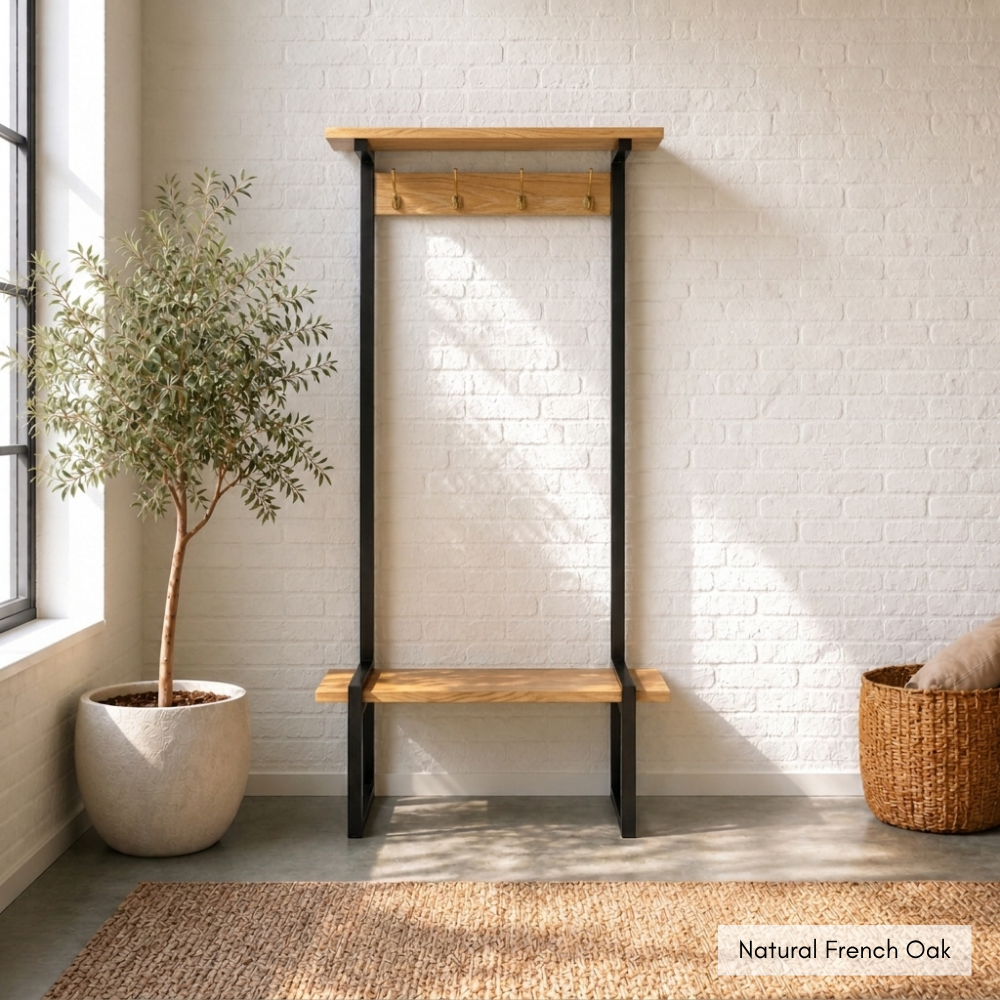 The Tabeni Coat Stand is built from reclaimed timber and tubular metal with coat hooks, a hat shelf, and a bench seat. Custom made to order in SA.