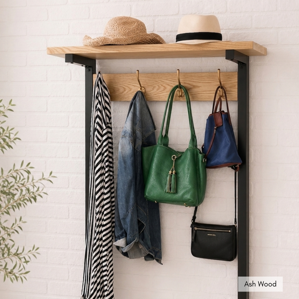 The Tabeni Coat Stand is built from reclaimed timber and tubular metal with coat hooks, a hat shelf, and a bench seat. Custom made to order in SA.