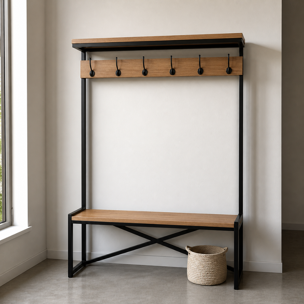 The Tabeni Coat Stand is built from reclaimed timber and tubular metal with coat hooks, a hat shelf, and a bench seat. Custom made to order in SA.