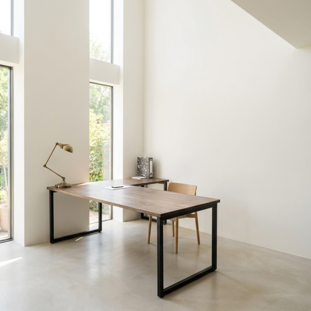 The Thato L-Shaped Desk combines a solid timber top with a heavy-duty tubular steel base and matching 3-drawer pedestal. Custom made to order in SA.