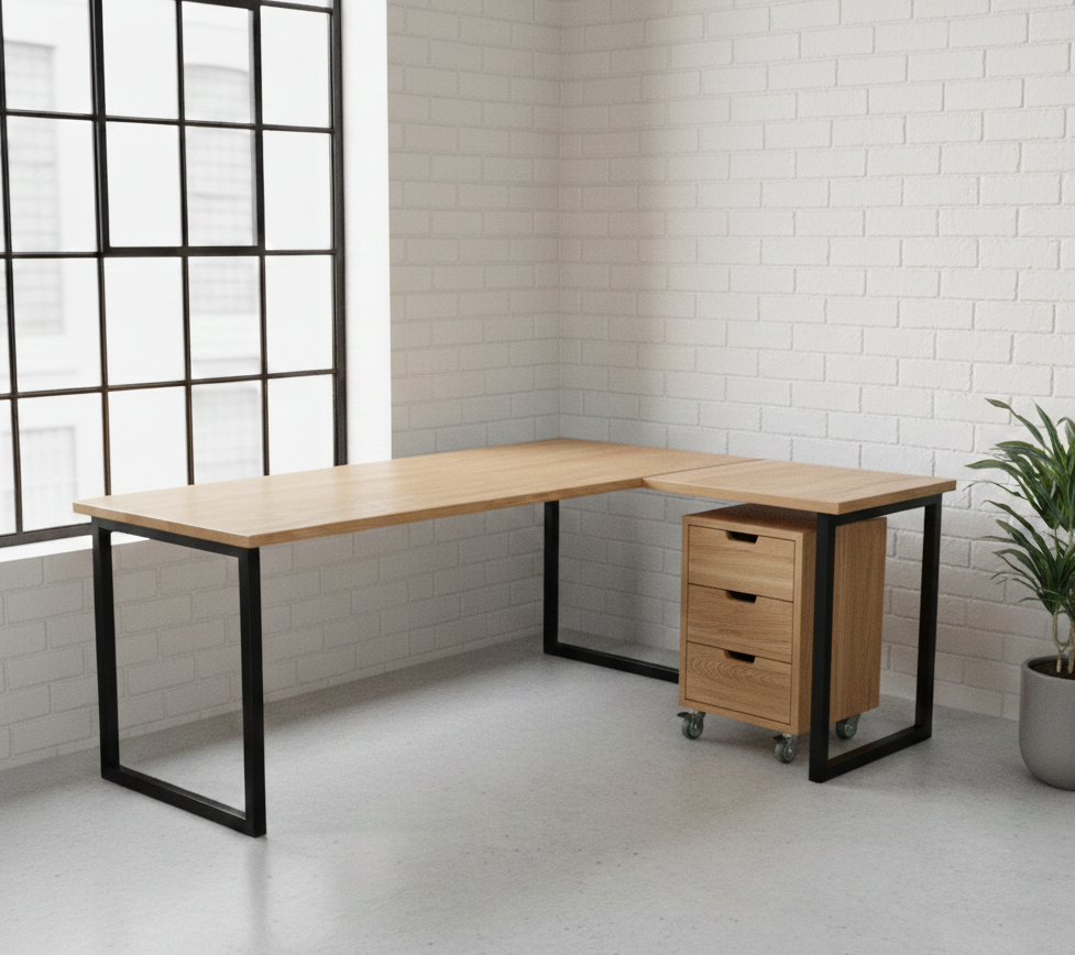 The Thato L-Shaped Desk combines a solid timber top with a heavy-duty tubular steel base and matching 3-drawer pedestal. Custom made to order in SA.