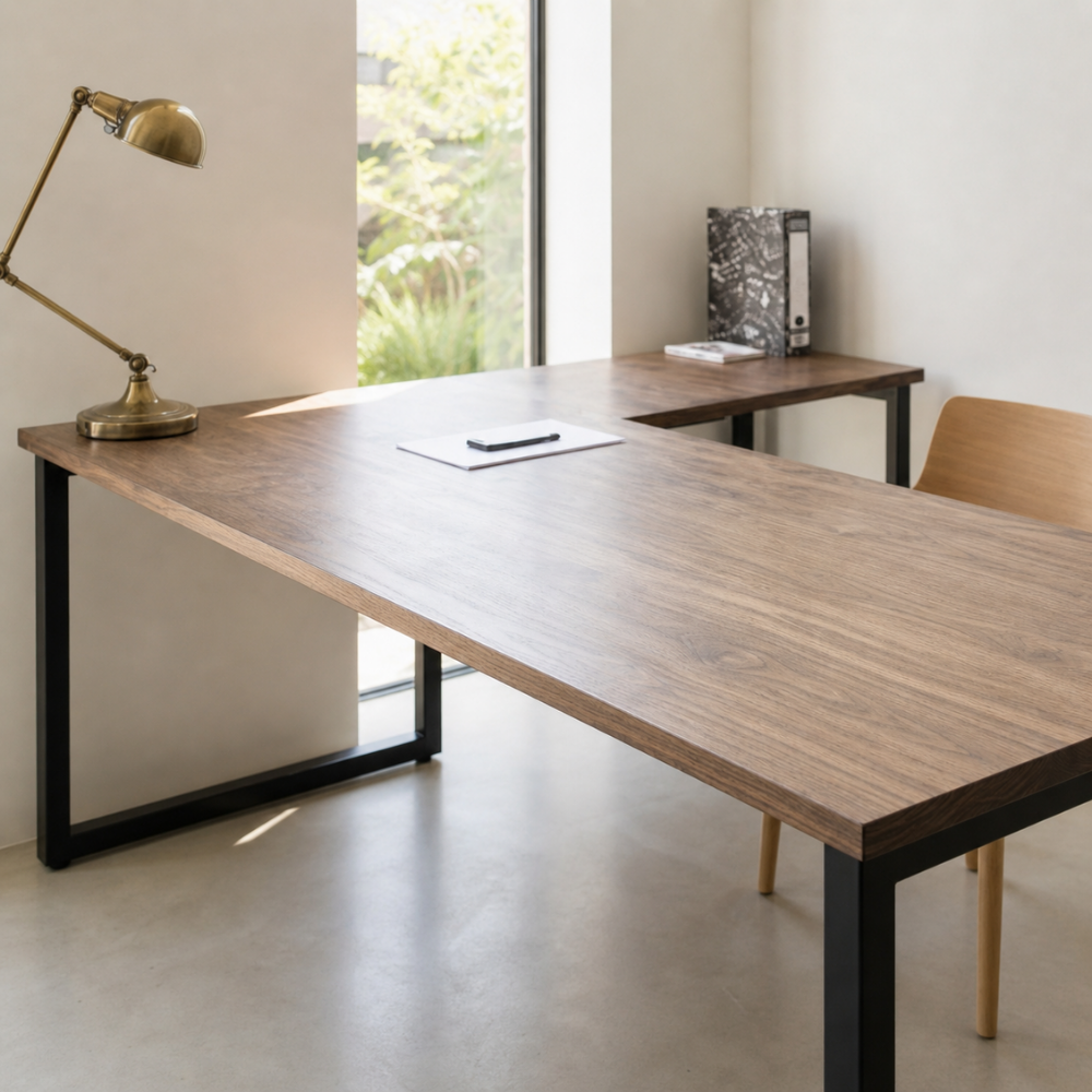 The Thato L-Shaped Desk combines a solid timber top with a heavy-duty tubular steel base and matching 3-drawer pedestal. Custom made to order in SA.