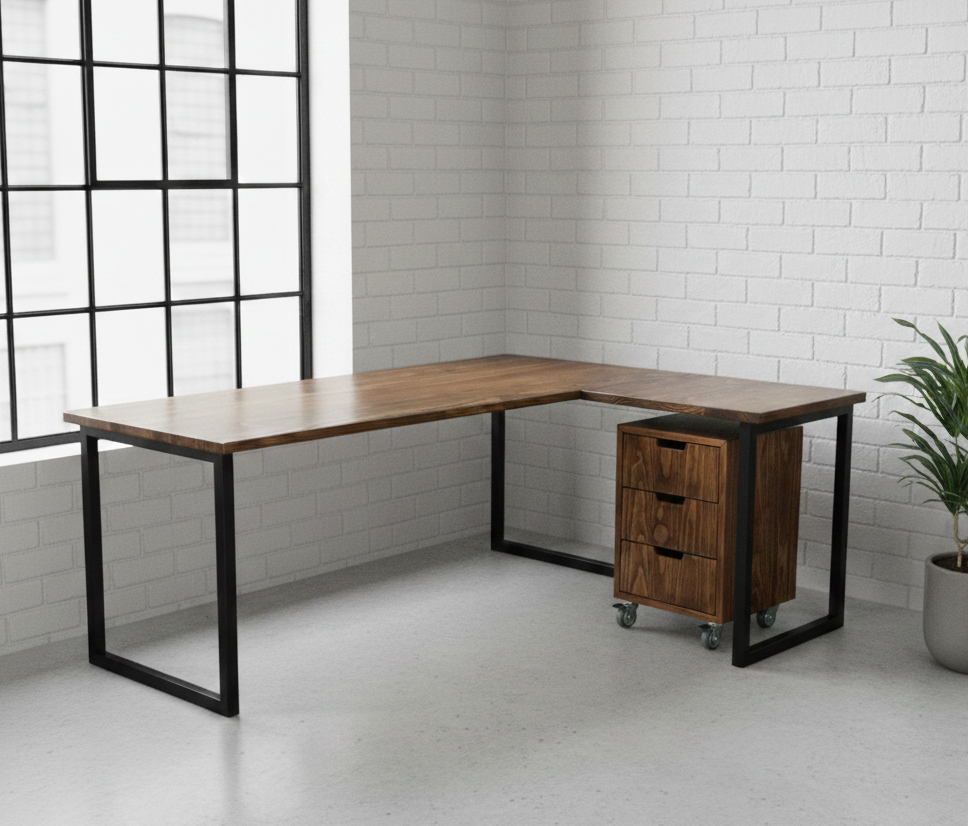 The Thato L-Shaped Desk combines a solid timber top with a heavy-duty tubular steel base and matching 3-drawer pedestal. Custom made to order in SA.