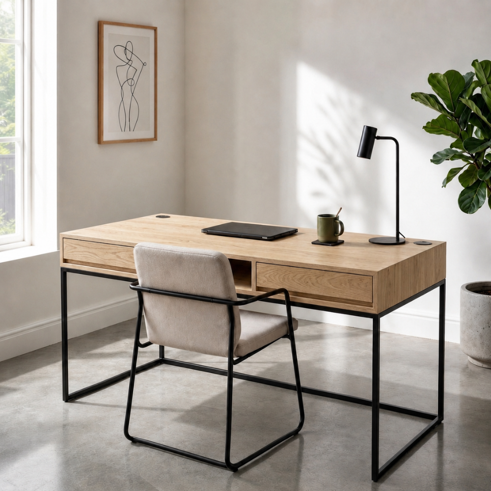 The Tiro Study Desk is custom made from Grade A Solid Oak with a central pigeon hole, two drawers, and concealed cable management. Made to order in SA.