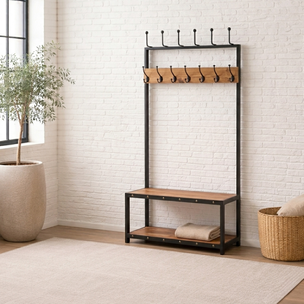 The Tugela Coat Stand is custom made from reclaimed timber and tubular metal with hooks, a hat shelf, and a bench seat. Made to your size in SA.