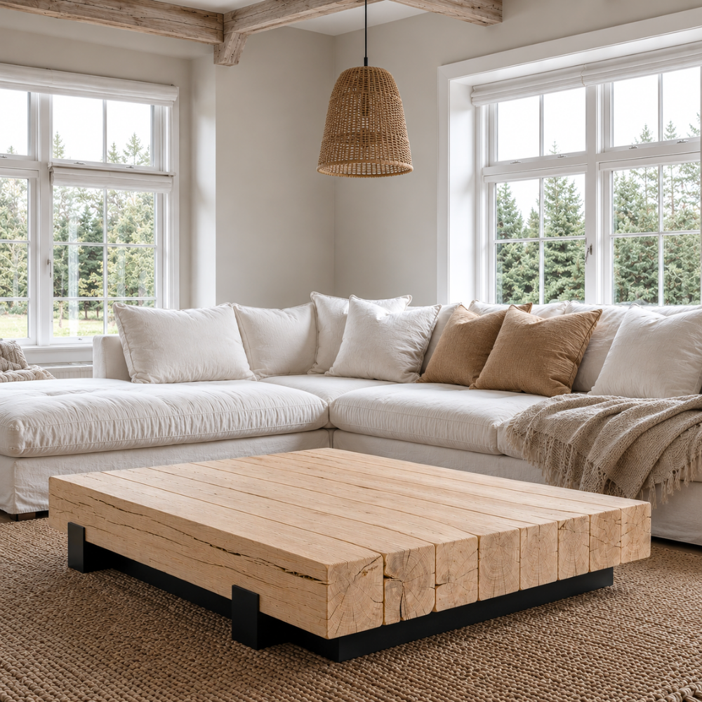 The Umthi Block Coffee Table is made from laminated Oak cants with natural irregularities and a food-safe bleached sealant finish. Custom made to order.