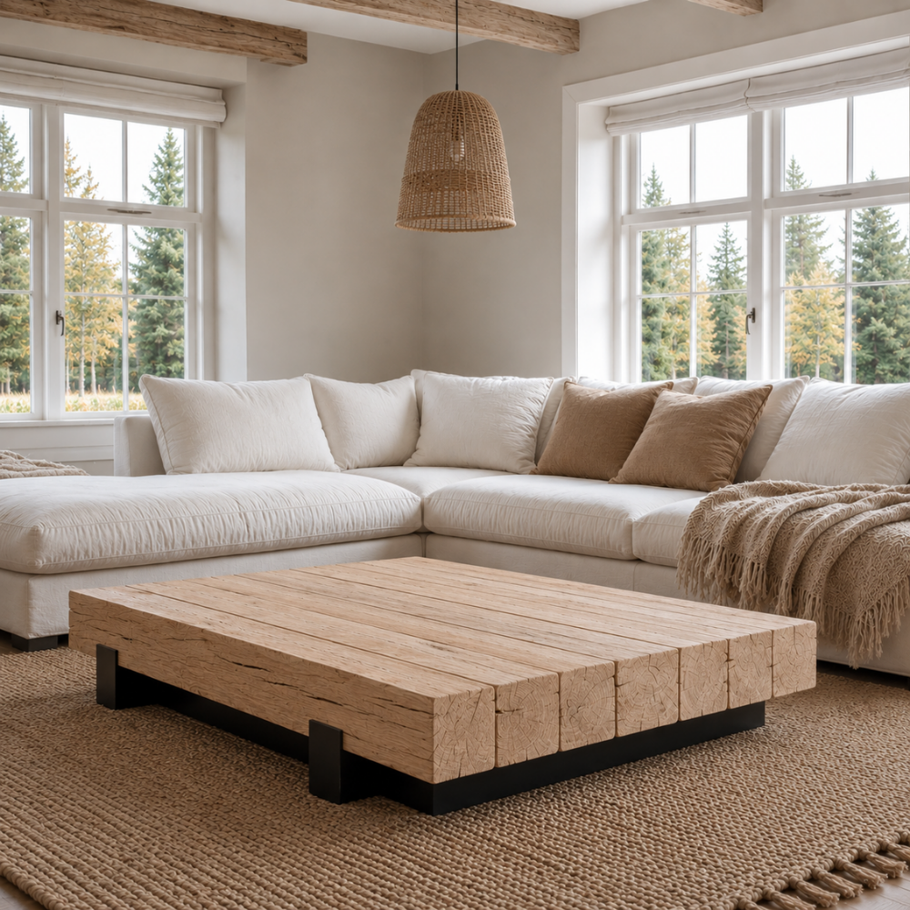 The Umthi Block Coffee Table is made from laminated Oak cants with natural irregularities and a food-safe bleached sealant finish. Custom made to order.