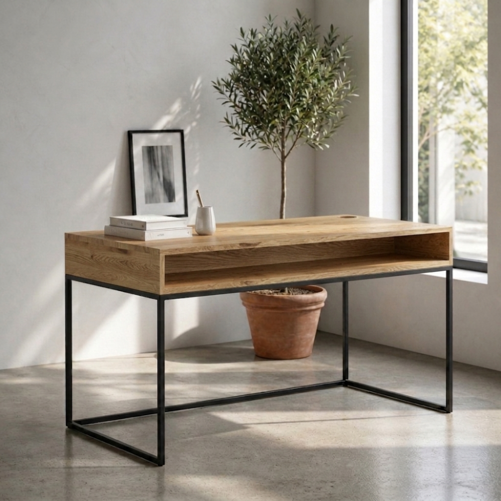 The Boa  Study Desk is custom made in solid Oak on a tubular metal frame with concealed cable panels and surface cable holes. Made to order in SA.