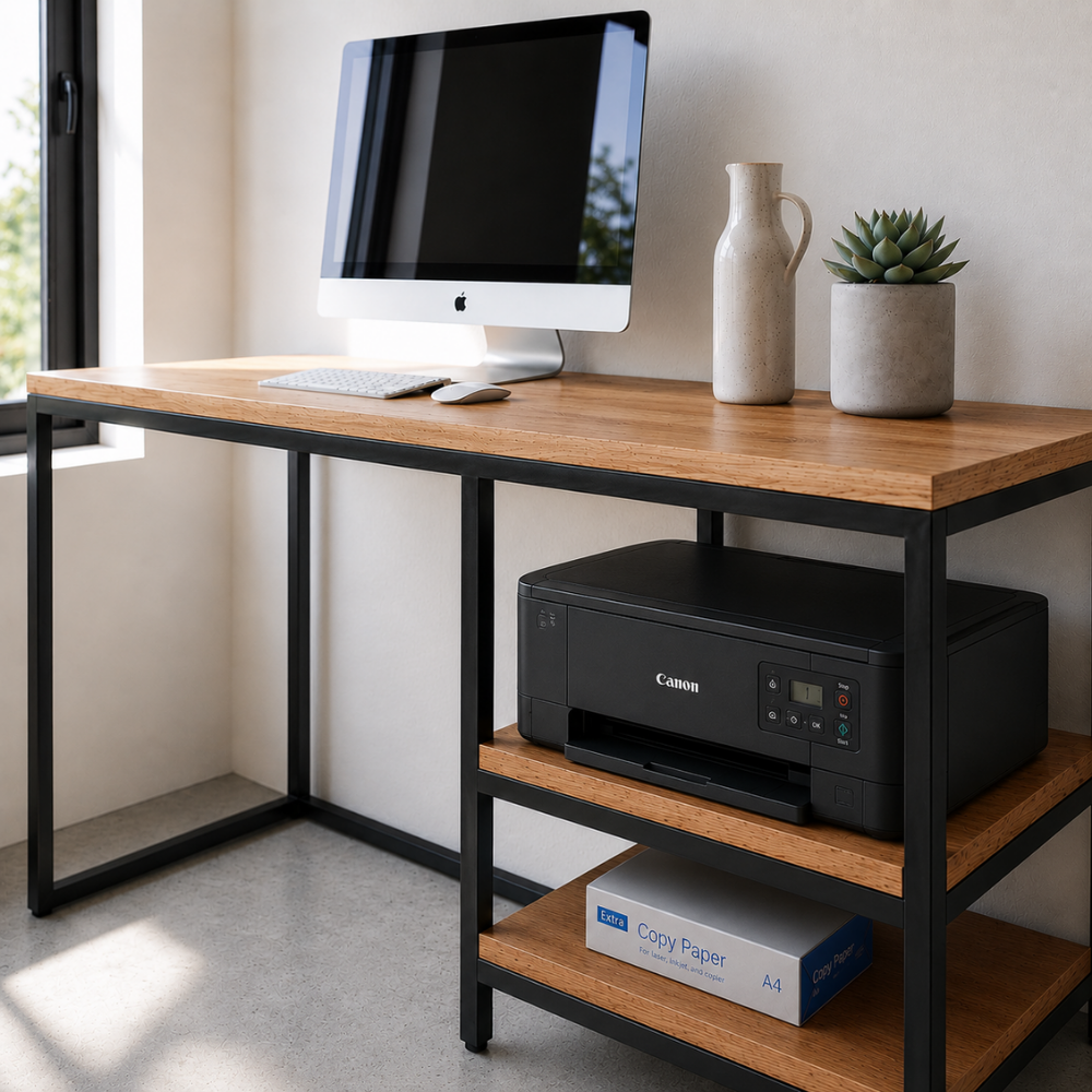 The Vuyani Desk is a popular timber and tubular metal desk with integrated shelving on the left or right. Fully assembled. Custom made to order in SA.