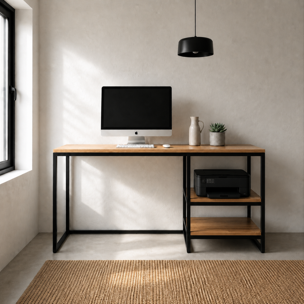 The Vuyani Desk is a popular timber and tubular metal desk with integrated shelving on the left or right. Fully assembled. Custom made to order in SA.