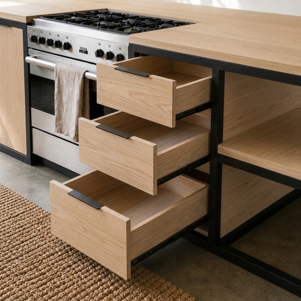 The Woodstock Kitchen Island is a large custom timber and black steel island with 360-degree access and an overhang for bar stools. Made to order in SA.